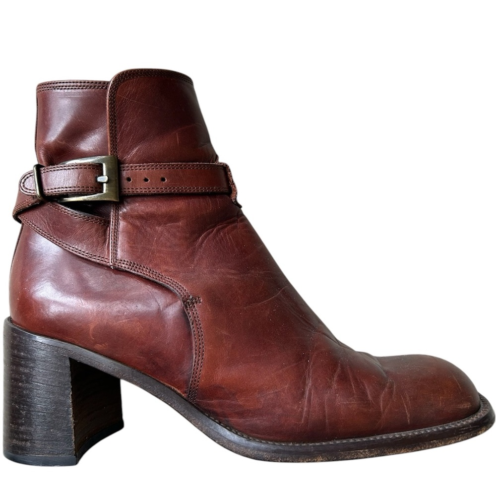 Joan & David Brown Leather Heeled Ankle Boots Italy Buckle Strap EU 40.5 Chelsea - Picture 5 of 14